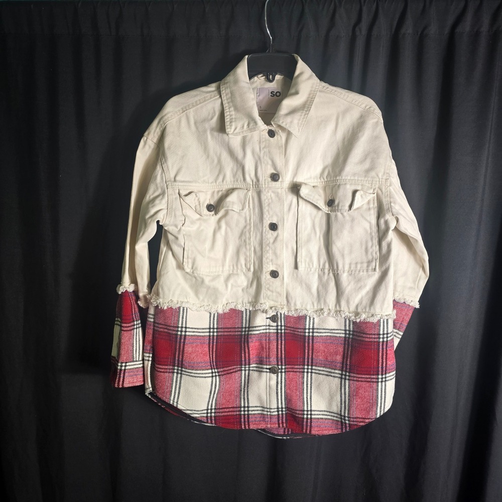 SO Goods For Life Womens Small Cream Red Plaid Hybrid Denim Flannel Shacket S
